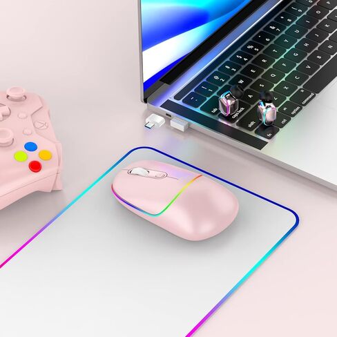 ماوس لاسلكي RAPIQUE LED، ماوس كمبيوتر صامت RGB قابل لإعادة الشحن مع جهاز استقبال USB ومحول من النوع C، ماوس مكتبي محمول نحيف 2.4G لاسلكي للكمبيوتر المحمول، الكمبيوتر الشخصي، ChromeBook، الكمبيوتر اللوحي، Mac (وردي) in Kuwait