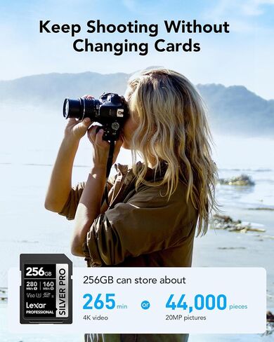 Lexar 256GB Silver PRO SD Memory Card, 280MB/s Read, 4K, V60, U3, UHS-II | Compatible w/ Canon, Sony, Nikon, Ideal for Professional Photographer, Videographer, Enthusiast, LSDSIPR256G-BNNNU in Saudi Arabia