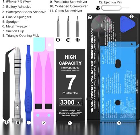 WAVYPO 3300mAh Battery for iPhone 7, New Version Upgrade High Capacity Battery Replacement for iPhone 7 A1660 A1778 A1779 Spare Battery with Full Repair Tools in Kuwait