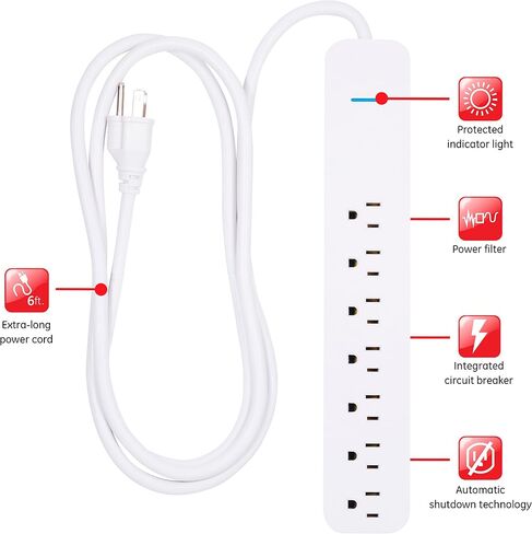 GE Pro 7-Outlet Surge Protector، سلك تمديد 12 قدم، 1080 جول، شريط طاقة، قابس مسطح، ضوء مؤشر محمي، قاطع دائرة متكامل، حامل على الحائط، مدرج في قائمة UL، أبيض، 36360 in Saudi Arabia