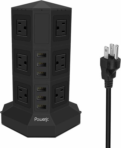 Powerjc برج قطاع الطاقة عرام حامي المقبس 8 منافذ التيار المتردد مع 6 منافذ USB الذكية شواحن 10 أقدام طويلة تمديد الحبل داخلي in Kuwait
