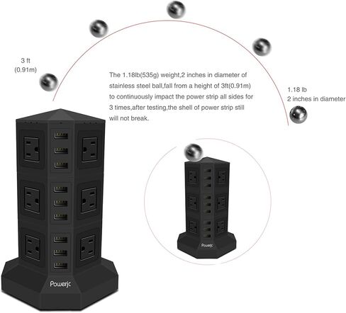 Powerjc برج قطاع الطاقة عرام حامي المقبس 8 منافذ التيار المتردد مع 6 منافذ USB الذكية شواحن 10 أقدام طويلة تمديد الحبل داخلي in Kuwait