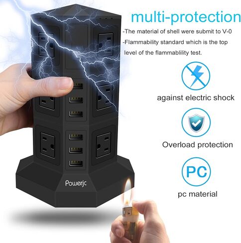 Powerjc برج قطاع الطاقة عرام حامي المقبس 8 منافذ التيار المتردد مع 6 منافذ USB الذكية شواحن 10 أقدام طويلة تمديد الحبل داخلي in Kuwait