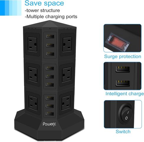 Powerjc برج قطاع الطاقة عرام حامي المقبس 8 منافذ التيار المتردد مع 6 منافذ USB الذكية شواحن 10 أقدام طويلة تمديد الحبل داخلي in Kuwait
