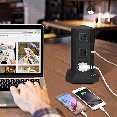 Powerjc برج قطاع الطاقة عرام حامي المقبس 8 منافذ التيار المتردد مع 6 منافذ USB الذكية شواحن 10 أقدام طويلة تمديد الحبل داخلي in Kuwait