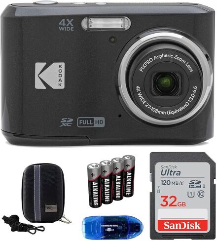 حزمة الكاميرا الرقمية Kodak Pixpro FZ45، تتضمن: بطاقة ذاكرة SanDisk سعة 32 جيجابايت، بطاريات احتياطية، حقيبة كاميرا ذات هيكل صلب وقارئ بطاقات (5 قطع) (أسود) in Kuwait