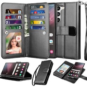 NJJEX Galaxy S23 Plus Case, for Samsung Galaxy S23 Plus Wallet Case, [9 Card Slots] PU Leather Card Holder Folio Flip [Detachable] Kickstand Magnetic Phone Cover & Lanyard for Samsung S23+ [Marble]
