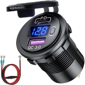 Cllena USB C PD 3.0 وشحن سريع 3.0 مقبس شاحن USB مزدوج، مخرج طاقة مقاوم للماء 12 فولت/24 فولت شحن سريع مع الفولتميتر LED ومفتاح تشغيل/إيقاف للسيارة والقوارب البحرية RV ATV والحافلات والشاحنات وعربة الجولف in Kuwait