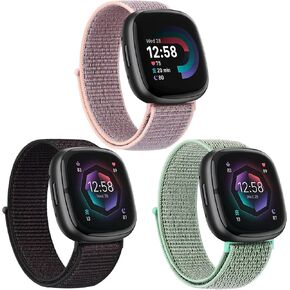 3 Pack Nylon Sport Band, Compatible with Fitbit Sense 2 bands/Fitbit Sense bands/Fitbit versa 4 bands/Fitbit Versa 3 bands Adjustable Sport Solo Loop Replacement Wristband Straps for Women Men
