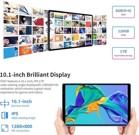 تابلت TECLAST 10 بوصة Android 13، أجهزة لوحية P26T 8 جيجابايت رام + 128 جيجابايت ROM 1 تيرابايت TF، واي فاي 5G/2.4G، ثماني النواة، 1280 * 800 HD شاشة تعمل باللمس، BT 5.2، Google GMS، 6000 مللي أمبير، كاميرا مزدوجة، OTG، النوع C، مع قضية in Kuwait