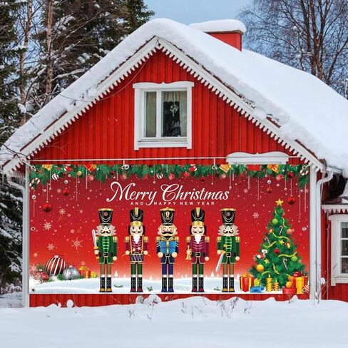 غطاء لافتة باب المرآب للكريسماس بتصميم كسارة البندق، قماش كبير جدًا بصورة خلفية صورة صورة لافتة فناء لعيد الميلاد عطلة الشتاء مستلزمات حفلات ليلة رأس السنة، 6 × 1.9 م in Kuwait