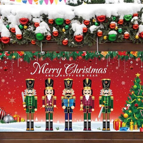 غطاء لافتة باب المرآب للكريسماس بتصميم كسارة البندق، قماش كبير جدًا بصورة خلفية صورة صورة لافتة فناء لعيد الميلاد عطلة الشتاء مستلزمات حفلات ليلة رأس السنة، 6 × 1.9 م in Kuwait