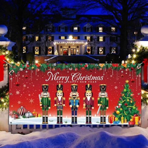 غطاء لافتة باب المرآب للكريسماس بتصميم كسارة البندق، قماش كبير جدًا بصورة خلفية صورة صورة لافتة فناء لعيد الميلاد عطلة الشتاء مستلزمات حفلات ليلة رأس السنة، 6 × 1.9 م in Kuwait
