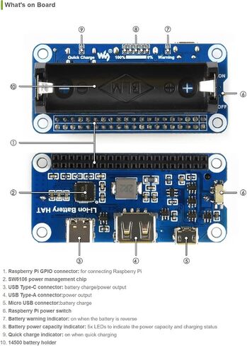 waveshare Li-ion Battery HAT for Raspberry Pi 5V Regulated Output Bi-Directional Quick Charge Integrates SW6106 Power Bank Supports PD/QC/FCP/PE/SFCP in Kuwait