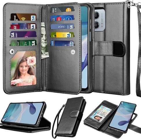 NJJEX for Motorola Moto G 5G 2023 Wallet Case, Moto G Power 5G 2023 Case, [9 Card Slots] PU Leather ID Credit Card Holder Folio Flip [Detachable] Kickstand Magnetic Phone Cover & Lanyard [Black] in Saudi Arabia