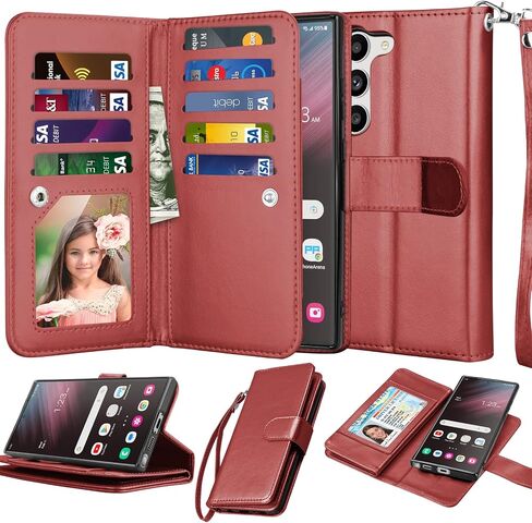 NJJEX Galaxy S23 Plus Case, for Samsung Galaxy S23 Plus Wallet Case, [9 Card Slots] PU Leather Card Holder Folio Flip [Detachable] Kickstand Magnetic Phone Cover & Lanyard for Samsung S23+ [Wine Red] in Saudi Arabia
