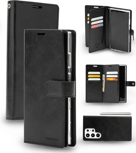 محفظة GOOSPERY Mansoor مصممة لهاتف Galaxy S23 Ultra [9 فتحات للبطاقات + 2 جيب جانبي إضافي] حامل بطاقة داخلي مزدوج الجوانب متعدد الفتحات وغطاء هاتف قابل للطي للتخزين - أسود in Kuwait