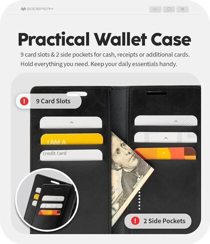 محفظة GOOSPERY Mansoor مصممة لهاتف Galaxy S23 Ultra [9 فتحات للبطاقات + 2 جيب جانبي إضافي] حامل بطاقة داخلي مزدوج الجوانب متعدد الفتحات وغطاء هاتف قابل للطي للتخزين - أسود in Kuwait