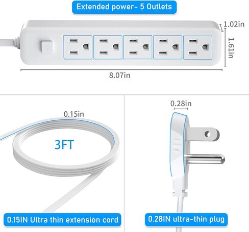 1875W Flat Plug Power Strip, 6ft Flat Extension Cord, 5 Outlet Desktop Charging Station, No Surge Protector for Cruise Ships, Wall Mounted for Kitchens, Office,with Wall Mount Bracket, Wall Nail, in Kuwait