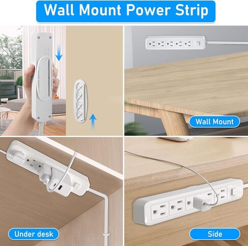 1875W Flat Plug Power Strip, 6ft Flat Extension Cord, 5 Outlet Desktop Charging Station, No Surge Protector for Cruise Ships, Wall Mounted for Kitchens, Office,with Wall Mount Bracket, Wall Nail, in Kuwait