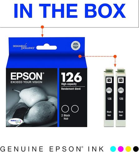 Epson T126120-D2 DURABrite Ultra Black Dual Pack High Capacity Cartridge Ink & T126 DURABrite Ultra Ink Standard Capacity Yellow Cartridge (T126420-S) for Select Stylus and Workforce Printers in Saudi Arabia