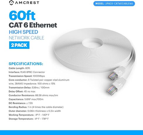 امكرست كيبل ايثرنت امكرست Cat5e بطول 60 قدم، كيبل شبكة انترنت عالي السرعة لكاميرات المراقبة POE والتلفزيون الذكي وبلاي ستيشن 4 وXbox One والراوتر واللابتوب والكمبيوتر والمنزل (2 قطعة- CAT5ECABLE60) in Saudi Arabia