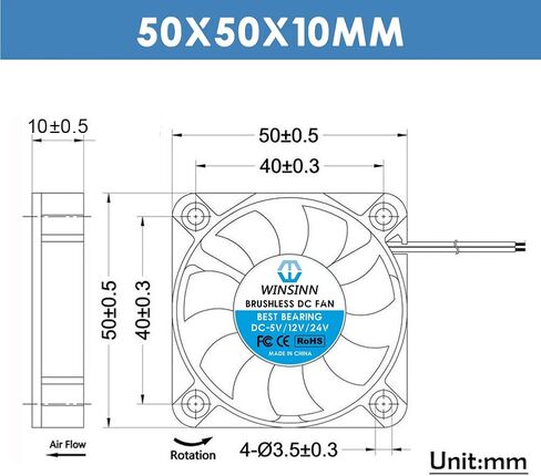 WINSINN DC 50mm Fan 5V 5010 Dual Ball Bearing Brushless Cooling Turbine Turbo 50mmx10mm 2PIN (Pack of 2Pcs) in Saudi Arabia