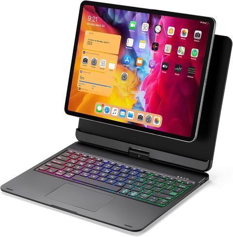 حافظة لوحة مفاتيح مغناطيسية قابلة للفصل من MyMAX لجهاز Apple iPad Pro 12.9 بوصة 2021 5th/2020 4th/2018 الجيل الثالث، مع لوحة تتبع بلوتوث 5.1 متعددة اللمس، وإضاءة خلفية 7 ألوان، ودوران 360 درجة (أسود) in Kuwait