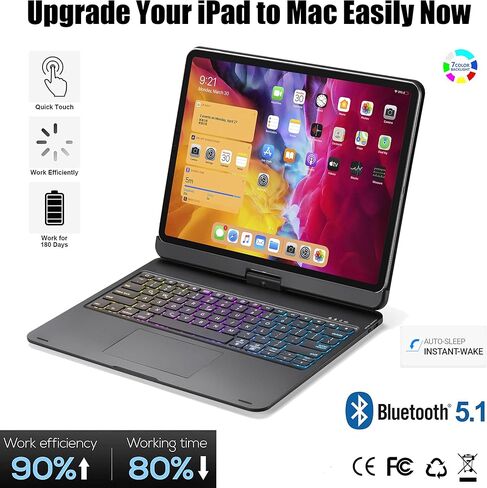 حافظة لوحة مفاتيح مغناطيسية قابلة للفصل من MyMAX لجهاز Apple iPad Pro 12.9 بوصة 2021 5th/2020 4th/2018 الجيل الثالث، مع لوحة تتبع بلوتوث 5.1 متعددة اللمس، وإضاءة خلفية 7 ألوان، ودوران 360 درجة (أسود) in Kuwait