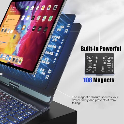 حافظة لوحة مفاتيح مغناطيسية قابلة للفصل من MyMAX لجهاز Apple iPad Pro 12.9 بوصة 2021 5th/2020 4th/2018 الجيل الثالث، مع لوحة تتبع بلوتوث 5.1 متعددة اللمس، وإضاءة خلفية 7 ألوان، ودوران 360 درجة (أسود) in Kuwait