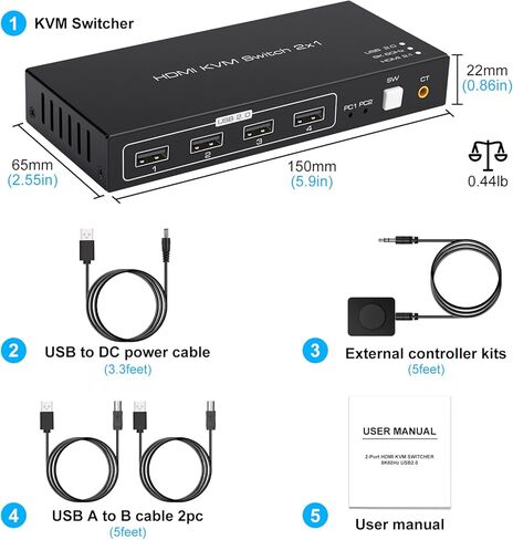 KVM Switch HDMI 2 Port 8K 60Hz 4 Port USB 2.0 for 2 Computers 1 Monitor Share Keyboard Mouse Printer Support Wire-Desktop Controller Including 2 USB 2.0 Cable in Kuwait