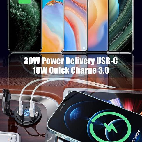 Cllena USB C PD 3.0 وشحن سريع 3.0 مقبس شاحن USB مزدوج، مخرج طاقة مقاوم للماء 12 فولت/24 فولت شحن سريع مع الفولتميتر LED ومفتاح تشغيل/إيقاف للسيارة والقوارب البحرية RV ATV والحافلات والشاحنات وعربة الجولف in Kuwait