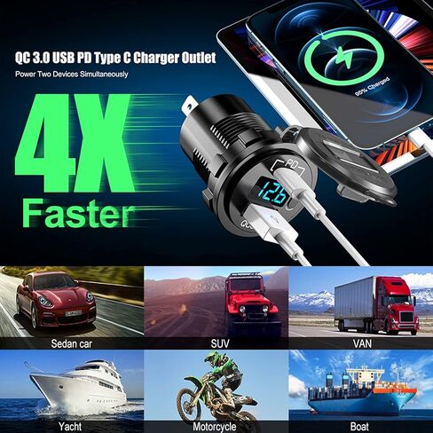 Cllena USB C PD 3.0 وشحن سريع 3.0 مقبس شاحن USB مزدوج، مخرج طاقة مقاوم للماء 12 فولت/24 فولت شحن سريع مع الفولتميتر LED ومفتاح تشغيل/إيقاف للسيارة والقوارب البحرية RV ATV والحافلات والشاحنات وعربة الجولف in Kuwait