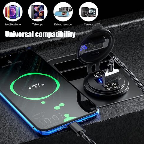 Cllena USB C PD 3.0 وشحن سريع 3.0 مقبس شاحن USB مزدوج، مخرج طاقة مقاوم للماء 12 فولت/24 فولت شحن سريع مع الفولتميتر LED ومفتاح تشغيل/إيقاف للسيارة والقوارب البحرية RV ATV والحافلات والشاحنات وعربة الجولف in Kuwait