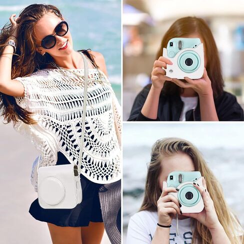 MOSISO Camera Case Compatible with Instax Mini 7+ Instant Camera, PU Leather Protective Case Cover Carrying Storage Bag with Adjustable Shoulder Strap, White in Saudi Arabia