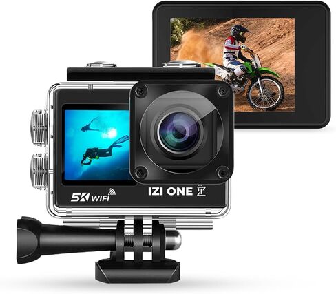 IZI ONE 5K 30FPS UHD 48MP Action Camera, Dual Touch Screen, Digital Zoom, EIS Stabilization, Waterproof & Sports Camera, Vlog, Dashcam, YouTube,170° Wide Angle, WiFi & External Mic, 2X Batteries in Kuwait