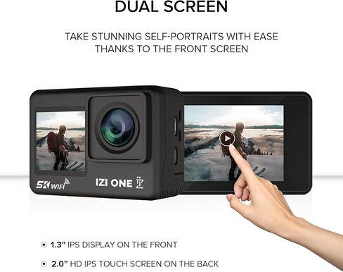 IZI ONE 5K 30FPS UHD 48MP Action Camera, Dual Touch Screen, Digital Zoom, EIS Stabilization, Waterproof & Sports Camera, Vlog, Dashcam, YouTube,170° Wide Angle, WiFi & External Mic, 2X Batteries in Kuwait