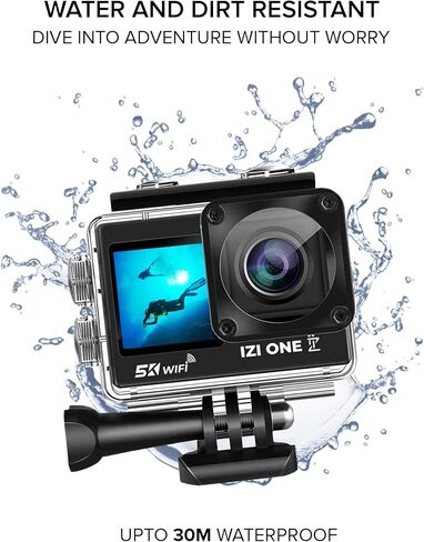 IZI ONE 5K 30FPS UHD 48MP Action Camera, Dual Touch Screen, Digital Zoom, EIS Stabilization, Waterproof & Sports Camera, Vlog, Dashcam, YouTube,170° Wide Angle, WiFi & External Mic, 2X Batteries in Kuwait