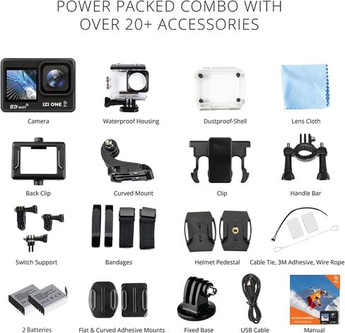 IZI ONE 5K 30FPS UHD 48MP Action Camera, Dual Touch Screen, Digital Zoom, EIS Stabilization, Waterproof & Sports Camera, Vlog, Dashcam, YouTube,170° Wide Angle, WiFi & External Mic, 2X Batteries in Kuwait