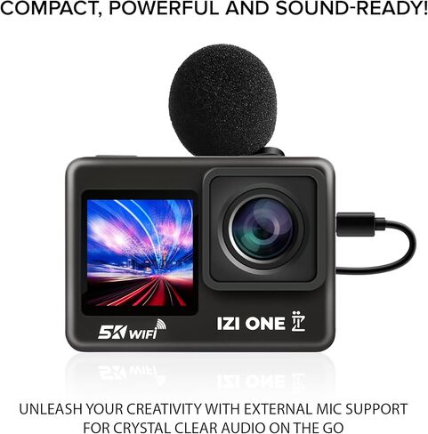 IZI ONE 5K 30FPS UHD 48MP Action Camera, Dual Touch Screen, Digital Zoom, EIS Stabilization, Waterproof & Sports Camera, Vlog, Dashcam, YouTube,170° Wide Angle, WiFi & External Mic, 2X Batteries in Kuwait