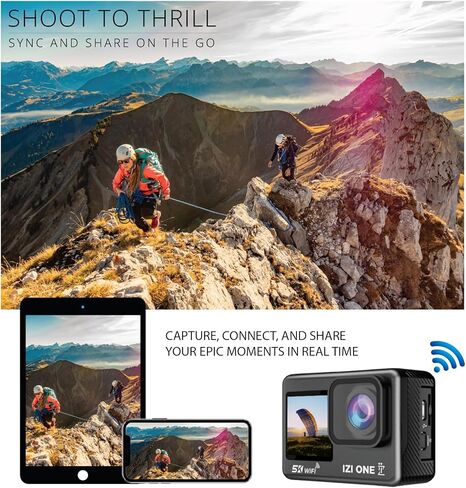 IZI ONE 5K 30FPS UHD 48MP Action Camera, Dual Touch Screen, Digital Zoom, EIS Stabilization, Waterproof & Sports Camera, Vlog, Dashcam, YouTube,170° Wide Angle, WiFi & External Mic, 2X Batteries in Kuwait