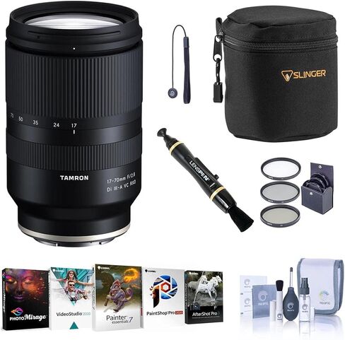 عدسة Tamron مقاس 17-70 مم f/2.8 Di III-A VC RXD لهاتف Sony E، حزمة مع مجموعة مرشح ProOptic 67 مم، مجموعة تنظيف، مجموعة برامج الكمبيوتر، حبل غطاء العدسة، منظف العدسات، حقيبة العدسات in Saudi Arabia
