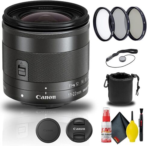 عدسة Canon EF-M 11-22mm f/4-5.6 هي عدسة STM (7568B002) + مجموعة مرشح + حقيبة عدسة + حافظة للغطاء + مجموعة تنظيف + المزيد (متجددة) in Saudi Arabia