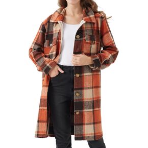 URBEST Women's Long Plaid Shacket, Lapel Button Down Shirt, Oversized Long Sleeve Jacket Side Pocket Knee Length Brushed Coat