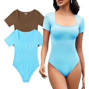 MRIGNT 2 Piece Short Sleeve Bodysuits for Women Sexy Ribbed Square Neck Top in Saudi Arabia