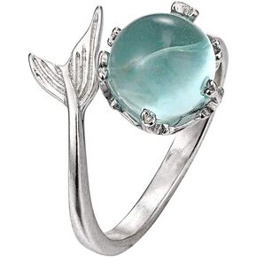 GRAEEN Crystal Mermaid Rings Asjuatable Open Ring Leaf Ring Fish Tail Band Ring Silver Eternity Ring Jewelry for Women and Girls