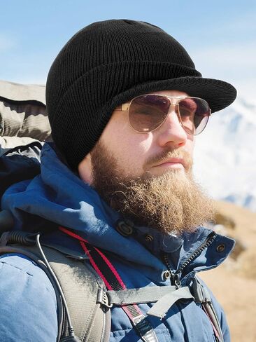 SATINIOR Winter Men's Knit Cap with Brim Beanie Hat Warm Thick Hat for Outdoor in Kuwait