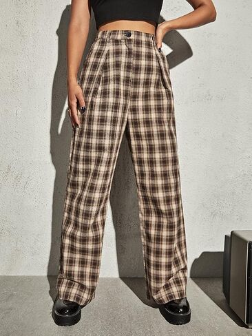 بنطال DIDK نسائي منقوش بنقشة الترتان بخصر متوسط ​​مستقيم in Kuwait