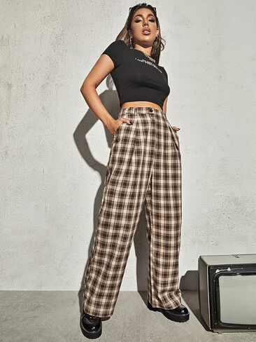 بنطال DIDK نسائي منقوش بنقشة الترتان بخصر متوسط ​​مستقيم in Kuwait