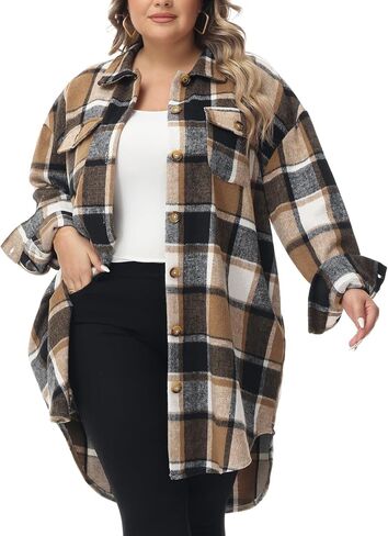 URBEST Women's Long Plaid Shacket, Lapel Button Down Shirt, Oversized Long Sleeve Jacket Side Pocket Knee Length Brushed Coat in Kuwait